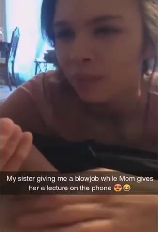 Sister giving brother a blowjob while mom gives her a lecture on the phone